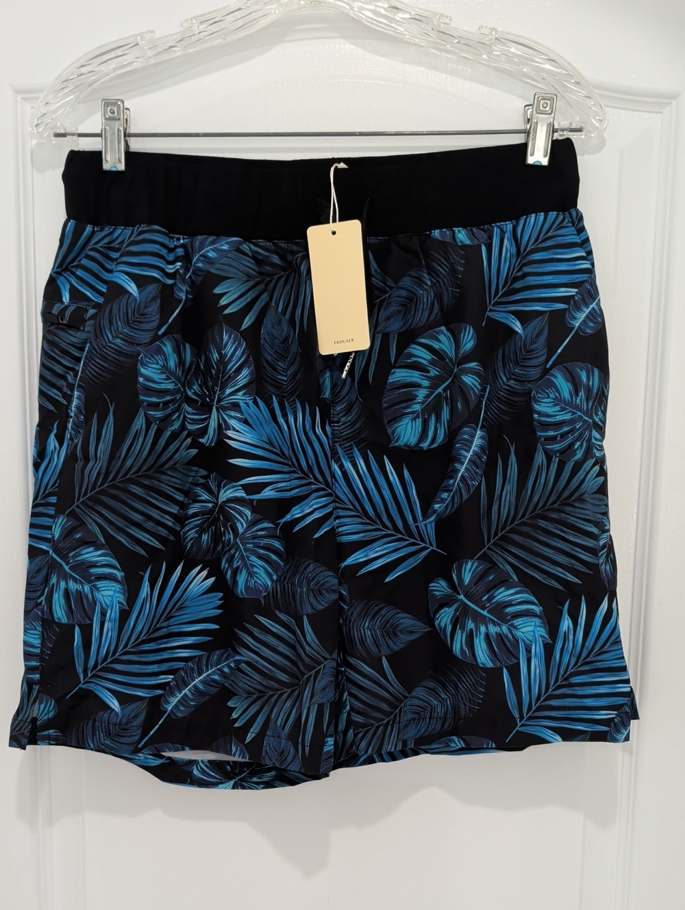 New Ekouaer 2 in 1 Tropical Leaf Print Shorts Deep Blue Black Zipper Pocket M